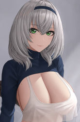 Rule 34 | 1girl, absurdres, bed, bedroom, blue sweater, blush, breasts, cleavage, closed mouth, covered erect nipples, crop top, curtains, green eyes, groin, hair between eyes, headband, highres, hololive, large breasts, long sleeves, looking at viewer, shirogane noel, shirt, short hair, shrug (clothing), silver hair, sitting, smile, solo, stomach, sweater, turtleneck, underwear, virtual youtuber, white shirt, zaphn