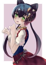 Rule 34 | animal ears, black hair, black leopard (kemono friends), blue dress, collar, commentary request, dirndl, dress, flower, frilled collar, frills, gaga (gamerakero), german clothes, green eyes, hair flower, hair ornament, highres, jewelry, kemono friends, kemono friends 3, leopard ears, leopard girl, looking at viewer, multicolored clothes, multicolored dress, necklace, official alternate costume, puffy short sleeves, puffy sleeves, red dress, short sleeves, solo, twintails, upper body, white sleeves