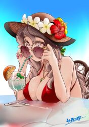 Rule 34 | 1girl, alternate costume, bikini, blue background, breasts, brown eyes, drink, drinking straw, grey hair, hat, kantai collection, large breasts, long hair, looking at viewer, pola (kancolle), red bikini, solo, sun hat, sunglasses, swimsuit, thick eyebrows, udukikosuke, wavy hair