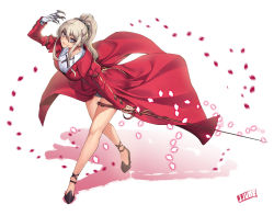 Rule 34 | 1girl, blonde hair, claws, earrings, grey eyes, high heels, highres, jewelry, jjune, juliet sleeves, long sleeves, looking at viewer, mole, mole under mouth, original, petals, ponytail, puffy sleeves, scrunchie, shirt, solo, sword, tailcoat, weapon