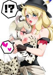 Rule 34 | 2girls, ^ ^, absurdres, animal ears, armband, back bow, bare arms, bare shoulders, between breasts, blonde hair, blue eyes, blush, bow, grabbing another&#039;s breast, breast smother, breasts, calenda (kemono friends), camisole, chin rest, closed eyes, collarbone, elbow gloves, extra ears, closed eyes, eyes visible through hair, face to breasts, fingerless gloves, glasses, gloves, grabbing, grey hair, hat, hat feather, head between breasts, head on head, head rest, heart, height difference, hickey, highres, hug, kemono friends, kemono friends 3, large breasts, long hair, low-tied long hair, margay (kemono friends), margay print, medium hair, multicolored hair, multiple girls, nipples, no bra, open mouth, saijouji reika, shirt, sidelocks, simple background, sleeveless, sleeveless shirt, smile, spoken heart, strap slip, upper body, white background, white hair, yuri