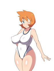 Rule 34 | 1girl, adapted costume, aqua eyes, asymmetrical hair, bare legs, blush, breasts, competition swimsuit, covered erect nipples, creatures (company), dd (giogio99), game freak, gen 2 pokemon, gym leader, highres, large breasts, legs, legs together, looking at viewer, misty (pokemon), navel, nintendo, one-piece swimsuit, one eye closed, orange hair, pokemon, pokemon hgss, ponytail, short hair, side ponytail, smile, solo, standing, swimsuit, thick thighs, thighs, white one-piece swimsuit, wide hips