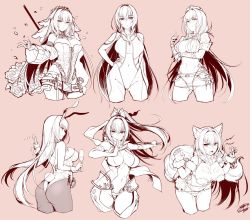 Rule 34 | 1girl, animal ears, ass, belt, bikini, blush, breasts, champagne flute, character sheet, cleavage, cosplay, covered navel, cup, detached sleeves, drinking glass, fake animal ears, fate/grand order, fate (series), fishnet pantyhose, fishnets, florence nightingale (fate), florence nightingale (fate) (cosplay), florence nightingale (trick or treatment) (fate), gloves, hand on own hip, hat, highres, katou danzou (fate), katou danzou (fate) (cosplay), leotard, long hair, looking at viewer, mash kyrielight, mash kyrielight (dangerous beast), mash kyrielight (dangerous beast) (cosplay), monochrome, nero claudius (bride) (fate), nero claudius (bride) (fate) (cosplay), nero claudius (bride) (second ascension) (fate), nero claudius (fate), nero claudius (fate) (all), official alternate costume, okitakung, one-piece swimsuit, pantyhose, pink background, playboy bunny, ponytail, rabbit ears, scathach (fate), scathach (piercing bunny) (fate), simple background, smile, swimsuit, syringe, tail, veil, very long hair, wet, wide hips, wine glass, wolf ears, wolf tail