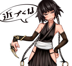 Rule 34 | 1girl, black hair, bleach, blush, detached sleeves, disgust, female focus, halterneck, halterneck, highres, hip vent, niconicotin, short hair with long locks, simple background, solo, sui-feng, white background
