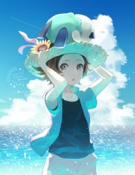 Rule 34 | 1boy, alternate costume, artist name, blue shirt, brown eyes, brown hair, cloud, cocoloco, commentary request, creatures (company), dated, day, flower, game freak, gen 5 pokemon, hat, hat flower, hilbert (pokemon), looking at viewer, male focus, nintendo, on head, oshawott, outdoors, pokemon, pokemon (creature), pokemon bw, pokemon on head, shirt, short hair, short sleeves, sky, sparkle, star (symbol), straw hat, twitter username, undershirt, water