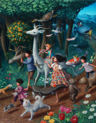 Rule 34 | 3boys, 4girls, animal, antlers, barefoot, bear, bird, black eyes, black hair, branch, capybara, cat, child, chipmunk, daisy, deer, dog, dress, duck, fake horns, field, fish, floating, floral print, flower, flying fish, flying whale, food, forest, fox, frog, fruit, goldfish, goose, grass, hedgehog, highres, hill, holding, holding animal, hood, hoodie, horned headwear, horns, horse, long hair, long sleeves, multiple boys, multiple girls, nature, orange (fruit), original, outdoors, pants, peroinu, rabbit, riding, road, seagull, seal (animal), shirt, short hair, short sleeves, shorts, signature, skirt, squid, squirrel, striped clothes, striped shirt, surreal, tree, tulip, twintails, walking, whale, wind