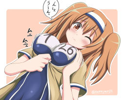 Rule 34 | 10s, 1girl, breasts, brown eyes, hairband, i-26 (kancolle), kantai collection, large breasts, light brown hair, long hair, name tag, new school swimsuit, one-piece swimsuit, one eye closed, sailor collar, school swimsuit, short sleeves, solo, swimsuit, swimsuit under clothes, tamayan, two-tone hairband, two side up, zipping