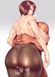 Rule 34 | 1boy, 1girl, ass, black pantyhose, blush, breasts, brown hair, censored, colored skin, covered erect nipples, cum, cum on body, cum on lower body, curvy, dark-skinned male, dark skin, gradient background, highres, hug, huge ass, huge breasts, large areolae, looking back, mature female, mosaic censoring, muscular, nipples, original, pantyhose, penis, plump, short hair, steam, steaming body, sweat, thick thighs, thigh sex, thighs, white skin, wide hips, yui.h