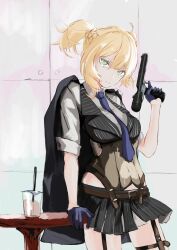 Rule 34 | 1girl, absurdres, asymmetrical hair, between breasts, black gloves, black jacket, blonde hair, blue necktie, bolt action, breasts, closed mouth, commentary request, cowboy shot, cup, disposable cup, drink, drinking straw, girls&#039; frontline, gloves, green eyes, gun, half gloves, half up braid, hand up, handgun, highres, holding, holding gun, holding weapon, jacket, jacket on shoulders, looking at viewer, necktie, necktie between breasts, nisoichi, pinstripe pattern, pinstripe skirt, pleated skirt, short hair, short twintails, skirt, solo, striped clothes, striped skirt, table, trigger discipline, twintails, weapon, welrod, welrod mkii (girls&#039; frontline)