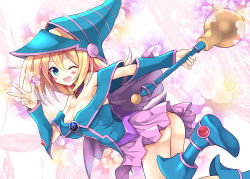 Rule 34 | 1girl, ;d, ass, bare shoulders, bent over, blonde hair, blue eyes, blush stickers, boots, breasts, cleavage, collar, commentary request, dark magician girl, duel monster, gem, happy, hat, heart, heart background, highres, long hair, looking at viewer, nanakusa (user rnpt7322), no panties, off shoulder, one eye closed, open mouth, pentagram, skirt, sleeveless, smile, solo, staff, strapless, v, vambraces, wand, wizard hat, yu-gi-oh!