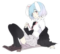 Rule 34 | 1girl, animal ears, black thighhighs, blazer, blue hair, grey skirt, highres, jacket, kt kkz, looking at viewer, necktie, one-hour drawing challenge, rabbit ears, red eyes, red necktie, reisen, shirt, shoes, simple background, sitting, skirt, solo, thighhighs, touhou, white background, white shirt
