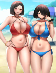 Rule 34 | 2girls, :/, absurdres, bangle, beach, beach umbrella, bikini, black choker, black scrunchie, blue bikini, blush, bracelet, breasts, brown eyes, brown hair, choker, cleavage, ela angraeni (revian samuel dani), front-tie bikini top, front-tie top, gluteal fold, hair ornament, hair over one eye, hairclip, hand in own hair, hand on own hip, highres, jewelry, large breasts, looking at viewer, mother and daughter, mountain, multiple girls, navel, navel piercing, necklace, ocean, one eye covered, original, parted lips, piercing, pink nails, red bikini, rev60, sand, scrunchie, short hair, side-tie bikini bottom, sky, swimsuit, teeth, thick thighs, thighs, umbrella, upper teeth only, wrist scrunchie