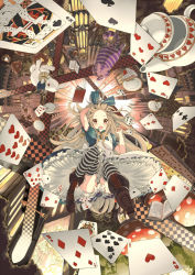 Rule 34 | 1girl, alice (alice in wonderland), alice in wonderland, apron, bad id, bad pixiv id, black footwear, blonde hair, blue dress, boots, brown eyes, card, circle skirt, commentary request, cross-laced footwear, dress, falling, from below, hair ribbon, lace-up boots, long hair, panties, puffy sleeves, revision, ribbon, short sleeves, smile, solo, striped clothes, striped panties, striped thighhighs, thighhighs, underwear, yuui hutabakirage