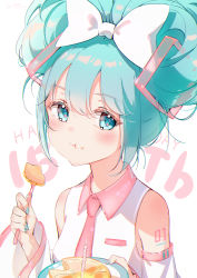 Rule 34 | 1girl, :t, absurdres, bare shoulders, blue eyes, blue hair, bow, cinnamiku, closed mouth, collared shirt, commentary, detached sleeves, eating, food, food on face, fork, hair bow, happy birthday, hatsune miku, highres, holding, holding fork, long sleeves, looking at viewer, maya g, necktie, pink necktie, shirt, simple background, sleeveless, sleeveless shirt, solo, upper body, vocaloid, white background, white bow, white shirt, white sleeves, wide sleeves