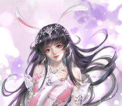 Rule 34 | 1girl, animal ears, bare shoulders, black hair, breasts, circle, closed mouth, douluo dalu, dress, floating hair, gleam, hair ornament, hand up, head tilt, highres, long hair, medium breasts, pink dress, purple background, rabbit ears, second-party source, solo, upper body, xiao wu (douluo dalu), yu lizi de xiao yuzhou