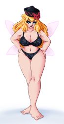Rule 34 | 1girl, barefoot, black bra, black hat, black panties, blonde hair, blue eyes, bow, bra, breasts, curvy, fairy wings, full body, hands on own hips, hat, hat bow, highres, large breasts, lily black, lily white, panties, solo, spookoarts, thick thighs, thighs, touhou, underwear, wavy hair, wings