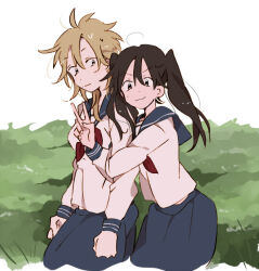 Rule 34 | 2girls, :3, ahoge, arm hug, blonde hair, blue sailor collar, blue skirt, blush stickers, brown hair, clenched hands, closed mouth, collared shirt, h kawa, long hair, messy hair, midriff peek, multiple girls, neckerchief, on grass, original, red neckerchief, sailor collar, sailor shirt, school uniform, shirt, simple background, single blush sticker, sitting, skirt, smile, twintails, v, v-shaped eyebrows, white background, white shirt
