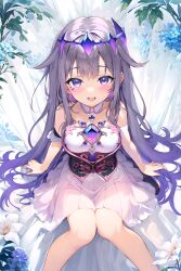 Rule 34 | 1girl, absurdres, bare shoulders, black corset, blue brooch, blue hair, blush, breasts, collarbone, colored inner hair, corset, crown, crystal, detached collar, dress, grey hair, hair ornament, highres, hololive, hololive english, jewelry, koseki bijou, koseki bijou (1st costume), long hair, looking at viewer, medium breasts, multicolored hair, open mouth, purple eyes, purple hair, sitting, smile, solo, sugiki, teeth, thighs, upper teeth only, virtual youtuber, white dress