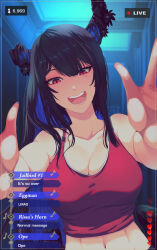 Rule 34 | 1girl, 69 (meme), :d, asymmetrical horns, bare arms, black hair, blue hair, breasts, broken horn, chat log, cleavage, collarbone, colored inner hair, eden exile, english text, fake phone screenshot, fake screenshot, fangs, heart, highres, hololive, hololive english, horns, large breasts, livestream, looking at viewer, low wings, meme, midriff, mole, mole under eye, multicolored hair, musical note, navel, nerissa ravencroft, open mouth, outstretched arms, recording, red eyes, red sports bra, smile, solo, sports bra, sportswear, stomach, teeth, two-tone hair, uneven horns, virtual youtuber, waving, wings