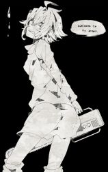 Rule 34 | 1girl, ahoge, arms behind back, artist request, bad id, bad pixiv id, chainsaw, clenched teeth, english text, greyscale, hair over one eye, long sleeves, looking back, monochrome, short hair, skirt, solo, teeth, urotsuki, yume 2kki