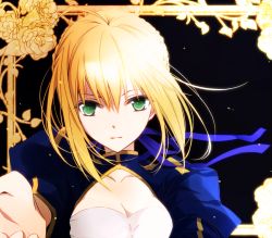Rule 34 | 1girl, ahoge, artoria pendragon (all), artoria pendragon (fate), blonde hair, cleavage cutout, clothing cutout, fate/stay night, fate (series), green eyes, hair ribbon, looking at viewer, md5 mismatch, outstretched hand, resolution mismatch, ribbon, saber (fate), short hair, sidelocks, solo, source larger, tsukimori usako, upper body