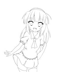 Rule 34 | 1girl, :d, aged down, angel beats!, blouse, bow, commentary request, greyscale, hair bow, hair down, hair ornament, hair ribbon, key (company), lineart, long hair, looking at viewer, monochrome, open hand, open mouth, palms, ribbon, shirt, short sleeves, skirt, smile, teeth, thighhighs, upper body, upper teeth only, nakamura yuri, zuzuhashi