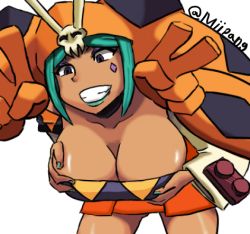 Rule 34 | 1girl, aqua hair, aqua lips, aqua nails, bare shoulders, breast hold, breasts, breasts squeezed together, cerebella (skullgirls), cleavage, dark-skinned female, dark skin, detached sleeves, double v, dress, eyeshadow, facial mark, facial tattoo, female focus, grabbing, grabbing another&#039;s breast, grin, large breasts, leaning forward, lipstick, living clothes, lowres, makeup, marie (miipang), mega milk, nail polish, parody, parted bangs, short dress, short hair, simple background, skullgirls, smile, solo, tattoo, teeth, twitter username, v, vice-versa (skullgirls), white background