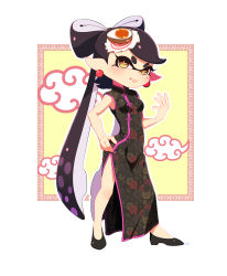 Rule 34 | + +, 1girl, absurdres, artist name, black footwear, brown eyes, callie (splatoon), china dress, chinese clothes, closed mouth, commentary, coula cat, dress, earrings, egg, flats, food, food on head, full body, hand on own hip, highres, inkling, jewelry, kamaboko, light smile, lips, long dress, looking at viewer, mole, mole under eye, narutomaki, nintendo, object on head, outside border, pointy ears, side slit, signature, solo, splatoon (series), splatoon 1, standing, tentacle hair