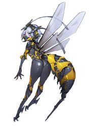 Rule 34 | 1girl, antennae, arthropod girl, bee girl, bodysuit, commentary request, full body, gas mask, hairband, insect girl, insect wings, looking at viewer, looking back, mask, mecha musume, mogumo, original, plantar flexion, red eyes, short hair, simple background, solo, stinger, wasp girl, white background, white hair, wings