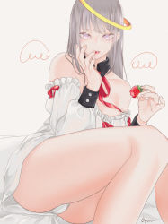 Rule 34 | 1girl, absurdres, ass, bare shoulders, commentary request, detached collar, detached sleeves, detached wings, dress, eveyeil, finger to mouth, fingernails, food, fruit, halo, highres, holding, holding food, long hair, looking at viewer, no pants, original, panties, parted lips, pink eyes, red lips, red neckwear, red ribbon, ribbon, silver hair, simple background, sitting, solo, strawberry, symbol-only commentary, underwear, white background, white dress, white panties, wings