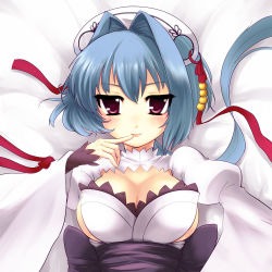 Rule 34 | 1girl, bad id, bad pixiv id, baseson, blue hair, blush, breasts, chouun, cleavage, cleavage cutout, clothing cutout, finger to mouth, hair intakes, koihime musou, long hair, looking at viewer, ponytail, puffy sleeves, red eyes, ribbon, romance of the three kingdoms, tranquil-lizer, wide sleeves