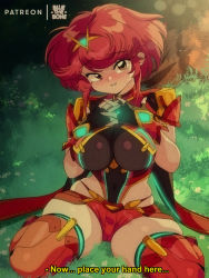 Rule 34 | 1girl, black gloves, bluethebone, blush, breasts, brown eyes, commentary, day, english commentary, english text, fingerless gloves, gloves, grass, hands on own chest, head tilt, highres, large breasts, looking at viewer, micro shorts, nose blush, outdoors, parted lips, pyra (xenoblade), red hair, red shorts, retro artstyle, short hair, shorts, sitting, smile, solo, subtitled, thighhighs, xenoblade chronicles (series), xenoblade chronicles 2