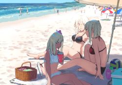 Rule 34 | alternate costume, bare legs, bare shoulders, barefoot, basket, beach, bikini, bismarck (kancolle), black bikini, blonde hair, blue eyes, blush, breasts, closed mouth, commentary request, day, drinking, fujibejifu, graf zeppelin (kancolle), hair between eyes, holding, kantai collection, large breasts, long hair, looking at viewer, multiple girls, navel, ocean, open mouth, outdoors, ro-500 (kancolle), sand, side-tie bikini bottom, sidelocks, sitting, smile, swimsuit, twintails, umbrella, water, white bikini