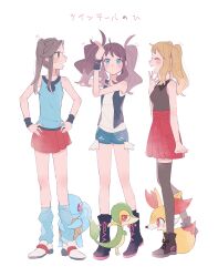 Rule 34 | 3girls, adjusting hair, alternate hairstyle, black footwear, black vest, black wristband, blonde hair, boots, clenched hand, collared shirt, commentary request, creatures (company), exposed pocket, fennekin, game freak, gen 1 pokemon, gen 5 pokemon, gen 6 pokemon, hand up, hands on own hips, highres, hilda (pokemon), hime (himetya105), knees, leaf (pokemon), long legs, multiple girls, nintendo, open clothes, open mouth, open vest, pleated skirt, pokemon, pokemon (creature), pokemon bw, pokemon frlg, pokemon xy, red skirt, serena (pokemon), shirt, shoes, shorts, sidelocks, skirt, sleeveless, sleeveless shirt, snivy, squirtle, standing, sweatdrop, thighhighs, twintails, vest, white footwear, white shirt