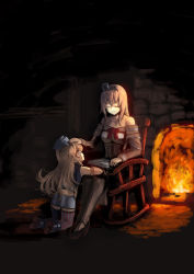 Rule 34 | 10s, 2girls, aged down, american flag legwear, asymmetrical legwear, black footwear, blonde hair, book, chair, closed eyes, closed mouth, corset, crown, dress, fireplace, flag print, full body, garter straps, hand on another&#039;s head, headgear, high heels, highres, iowa (kancolle), kantai collection, long hair, long sleeves, looking at another, makishima azusa, mini crown, miniskirt, mismatched legwear, multiple girls, off-shoulder dress, off shoulder, open book, rocking chair, shoes, sitting, skirt, smile, star (symbol), striped legwear, vertical-striped legwear, warspite (kancolle), white dress, white legwear