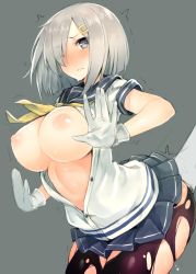 Rule 34 | 10s, 1girl, black pantyhose, blue eyes, blush, breasts, gloves, grey background, hair ornament, hair over one eye, hairclip, hamakaze (kancolle), inayama, jpeg artifacts, kantai collection, large breasts, nipples, one eye closed, pantyhose, school uniform, serafuku, short hair, silver hair, simple background, solo focus, torn clothes, torn legwear, trembling, unbuttoned, waifu2x, white gloves