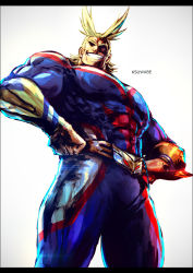 Rule 34 | all might, artist name, belt, blue bodysuit, bodysuit, boku no hero academia, cowboy shot, from below, grey background, grin, hair up, hands on own hips, k-suwabe, letterboxed, looking at viewer, male focus, multicolored bodysuit, multicolored clothes, red bodysuit, simple background, smile, teeth, thighs, white bodysuit