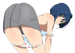 Rule 34 | 10s, 1girl, bad id, bad pixiv id, bare shoulders, blue hair, bra, bra pull, breasts, clothes pull, darling in the franxx, feet out of frame, green eyes, grey skirt, hair between eyes, ichigo (darling in the franxx), looking at viewer, panties, panty pull, polka dot, polka dot bra, polka dot panties, senjitsu musou, short hair, simple background, skirt, small breasts, solo, thighs, underwear, white background
