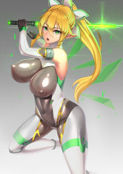 Rule 34 | 1girl, black bodysuit, blonde hair, bodysuit, breasts, covered navel, green eyes, highres, impossible bodysuit, impossible clothes, large breasts, leafa, long hair, looking at viewer, miyashiro ryuutarou, pointy ears, ponytail, shiny clothes, shiny skin, skin tight, solo, sword, sword art online, taimanin (series), taimanin suit, very long hair, weapon