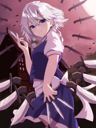 Rule 34 | 1girl, apron, between fingers, black thighhighs, blue dress, blue eyes, bow, braid, breasts, closed mouth, cowboy shot, dress, full moon, green bow, grey hair, hair between eyes, hair bow, highres, holding, holding knife, izayoi sakuya, knife, knives between fingers, looking at viewer, maid apron, maid headdress, mansion, medium breasts, medium hair, moon, puffy short sleeves, puffy sleeves, red sky, remiria100, short sleeves, sky, smile, solo, thighhighs, touhou, waist apron, waist bow, white apron, white bow