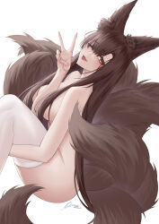 Rule 34 | 1girl, ;d, absurdres, akagi (azur lane), animal ears, arm between breasts, arm between legs, azur lane, between breasts, blush, breasts, brown hair, fox ears, fox girl, fox tail, from side, hair over breasts, hair over one eye, hand up, highres, ichikushi mojibake, kitsune, knee up, large breasts, long hair, looking at viewer, looking back, multiple tails, nude, one eye closed, open mouth, red eyes, sideboob, sitting, slit pupils, smile, solo, tail, thighhighs, thighs, v, very long hair