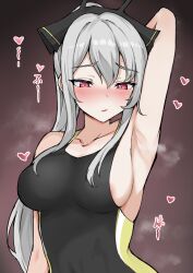 Rule 34 | 1girl, absurdres, arknights, arm up, armpits, black one-piece swimsuit, blush, breasts, brown background, collarbone, commentary request, competition swimsuit, grey hair, highres, large breasts, long hair, looking at viewer, mango (mgo), one-piece swimsuit, parted lips, partial commentary, ponytail, red eyes, sidelocks, simple background, solo, steaming body, swimsuit, upper body, weedy (arknights)