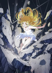 Rule 34 | 1girl, armpits, bakemonogatari, bare legs, bare shoulders, barefoot, blonde hair, blurry, blush stickers, broken ground, bun150, depth of field, downblouse, dress, expressionless, flat chest, floating hair, glowing, highres, legs, long hair, long legs, looking at viewer, monogatari (series), oshino shinobu, outstretched arms, pointy ears, rock, skirt, solo, spread arms, standing, strap gap, sundress, swept bangs, white dress, white skirt, wind, wind lift, yellow eyes