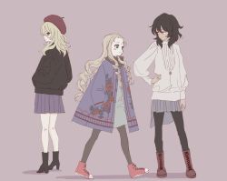 Rule 34 | 10s, 3girls, andou (girls und panzer), beret, black footwear, black hair, black jacket, black legwear, blonde hair, blue coat, blue eyes, blue skirt, blush stickers, boots, brown background, brown eyes, brown footwear, casual, closed mouth, coat, commentary, cross-laced footwear, dark-skinned female, dark skin, dress, dress shirt, drill hair, english commentary, floral print, flower, from behind, from side, frown, girls und panzer, green dress, green eyes, grey skirt, hand on own hip, hands in pockets, hat, high heel boots, high heels, highres, inumoto, jacket, kneepits, lace-up boots, long hair, long sleeves, looking at another, looking at viewer, looking back, looking to the side, marie (girls und panzer), medium hair, miniskirt, multiple girls, oshida (girls und panzer), pantyhose, pleated skirt, red footwear, red hat, rose, shirt, shoes, simple background, skirt, smile, sneakers, standing, white shirt