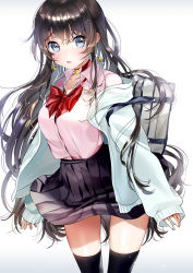 Rule 34 | 1girl, bag, black skirt, black thighhighs, blue eyes, blush, bow, breasts, brown hair, cardigan, clothes lift, clothes pull, collar, collarbone, commentary request, dress shirt, earrings, gradient background, hair between eyes, jewelry, kanojo (ogino atsuki), large breasts, long hair, looking at viewer, original, over-kneehighs, parted lips, pink shirt, pleated skirt, red bow, red ribbon, ribbon, school bag, school uniform, shirt, shirt tucked in, shoulder bag, skirt, skirt lift, sleeves past wrists, smile, solo, star (symbol), star earrings, sweat, sweater, sweater pull, thighhighs, very long hair, wavy hair, white background, wind, wind lift, yanyo (ogino atsuki)