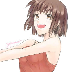 Rule 34 | 10s, 1girl, :d, bad id, bad pixiv id, bare shoulders, blush, breasts, brown eyes, brown hair, nishio rina, open mouth, short hair, simple background, smile, solo, soukyuu no fafner, tank top, twitter username, wae, white background