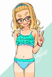 Rule 34 | 1girl, aged down, bikini, blonde hair, blue eyes, blush, bracelet, check commentary, commentary request, cowboy shot, dekomegane, flat chest, frilled bikini, frilled swimsuit, frills, glasses, hair pulled back, highres, jewelry, long hair, looking at viewer, open mouth, original, sasetsu, short eyebrows, signature, smile, solo, striped bikini, striped clothes, swimsuit, tan, tanline, thick eyebrows, two-tone background, v