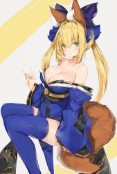 Rule 34 | 1girl, ahoge, animal ear fluff, animal ears, blonde hair, blue kimono, blue sleeves, blue thighhighs, blush, breasts, cleavage, closed mouth, commentary request, cosplay, detached sleeves, fate/grand order, fate (series), fox ears, fox girl, fox shadow puppet, fox tail, green eyes, grey background, hair between eyes, hair intakes, highres, japanese clothes, kemonomimi mode, kimono, long hair, long sleeves, looking at viewer, nero claudius (fate), nero claudius (fate) (all), nero claudius (fate/extra), silver (chenwen), sitting, sleeves past wrists, solo, strapless, tail, tamamo (fate), tamamo no mae (fate/extra), tamamo no mae (fate/extra) (cosplay), thighhighs, twintails, wide sleeves, yellow background