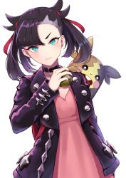 Rule 34 | 1girl, absurdres, asymmetrical bangs, asymmetrical hair, black hair, black jacket, blue eyes, blush, breasts, choker, commentary request, creatures (company), dress, dusk ball, earrings, game freak, gen 8 pokemon, hair ribbon, highres, holding, holding poke ball, jacket, jewelry, long sleeves, looking at viewer, marnie (pokemon), medium breasts, morpeko, morpeko (full), nintendo, open clothes, pink dress, poke ball, pokemon, pokemon (creature), pokemon swsh, red ribbon, revision, ribbon, shinoa 252, simple background, twintails, upper body, white background