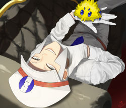 Rule 34 | 1boy, bad id, bad pixiv id, blue necktie, collared shirt, commentary request, creatures (company), dress shirt, dutch angle, emmet (pokemon), game freak, gen 5 pokemon, gloves, grey eyes, grey hair, grin, hat, highres, joltik, long sleeves, looking at viewer, looking back, male focus, necktie, nintendo, outori (kou02 as), pants, peaked cap, pokemon, pokemon (creature), pokemon bw, shirt, sideburns, sitting, smile, solo, white gloves, white hat, white pants, white shirt